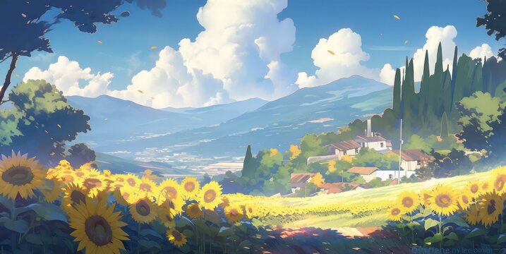Beautiful big sunflower landscape view with beautiful sky in digital art painting concept style 