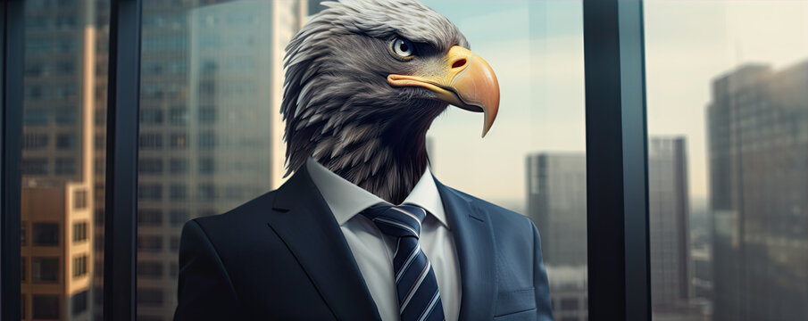 Man in modern suit with eagle head in office.
