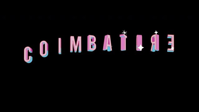 Bright letters jump merrily in the inscription COIMBATORE city. Retro. Alpha channel black. Looped from frame 120 to 240, Alpha BW at the end