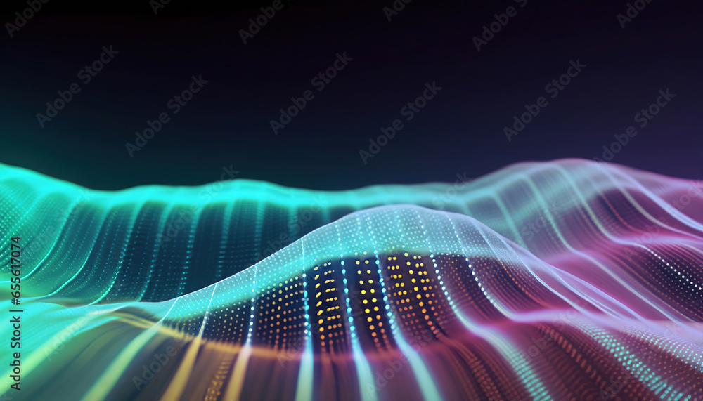 Wall mural beautiful abstract wave technology background with a blue light digital effect