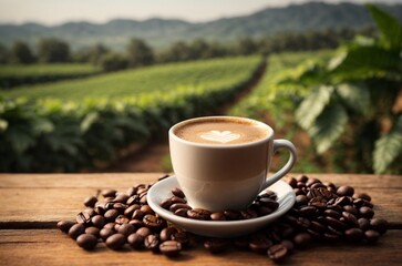 Coffee cup with coffee beans on wooden table in coffee plantation