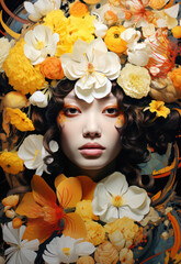 Portrait of an Asian girl surrounded by a composition of colorful flowers, Generative AI