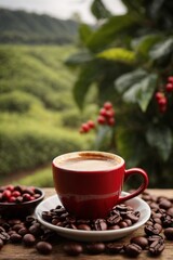 Coffee cup with coffee beans on wooden table in coffee plantation