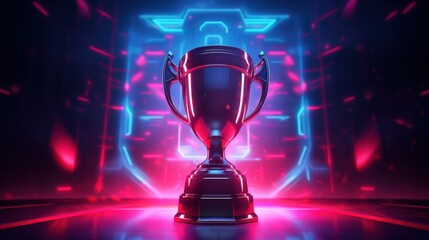 E-Sports winner trophy with red neon lights blurred background. - obrazy, fototapety, plakaty