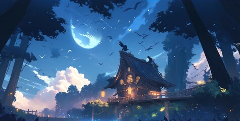 Dark magic forest in fantasy land digital art painting illustration style 