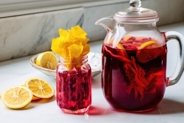 glass teapot of hibiscus tea with a slice of lemon inside, standing on a marble countertop
