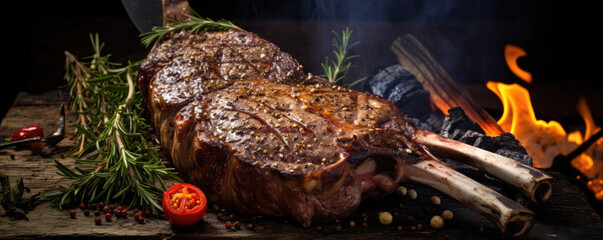 Grilled tomahawk steak top view on wooden background. - obrazy, fototapety, plakaty