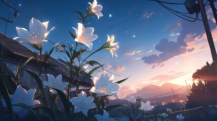 Flower blooming in the night in digital art painting illustration concept style  - obrazy, fototapety, plakaty