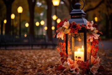 a lantern with its warm glow illuminating a parks floral arrangement