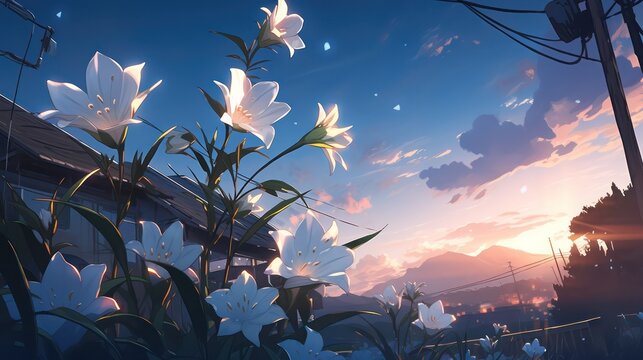 Flower blooming in the night in digital art painting illustration concept style 