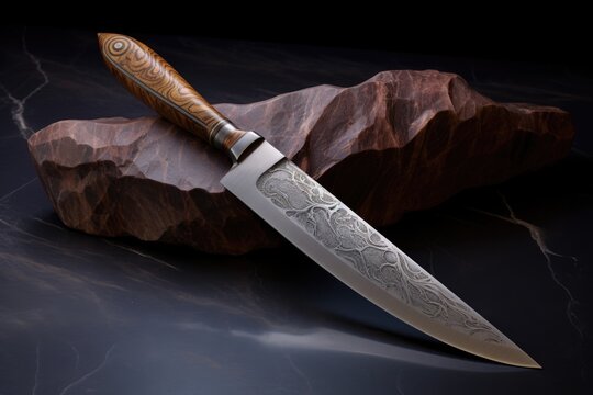 knife with an intricate handle resting on a sharpening stone