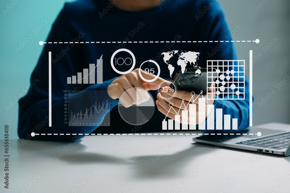 Poster data management system with business analytics concept. business team hands working with provide inf