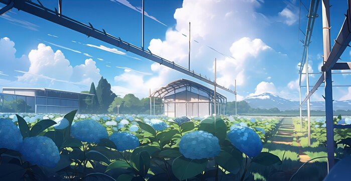 Hydrengea field landscape in digital art painting illustration concept style 