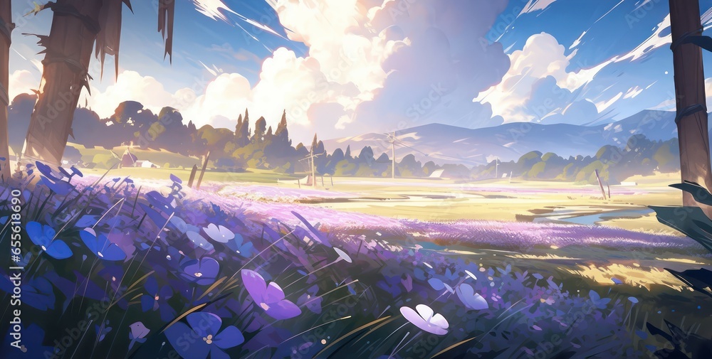 Wall mural Purple flowers field landscape in digital art painting style 