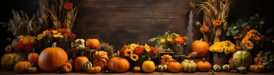 Thanksgiving and the Harvest Feast" background with an abundance of pumpkins and corn, Generative AI
