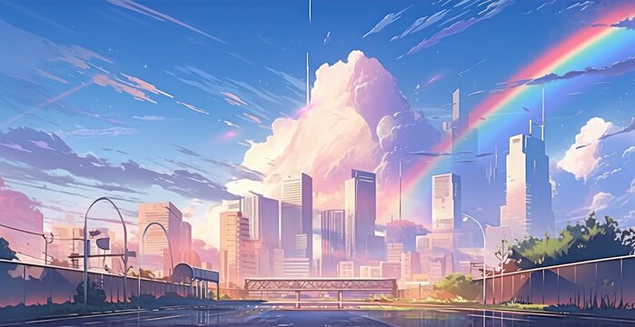 Modern city with rainbow on the sky landscape in digital art painting style 