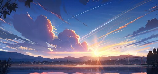 sunset over the lake with stunning view in digital art painting style  - obrazy, fototapety, plakaty