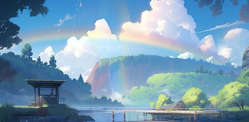 Rainbow with beautiful sky and land of fantasy in digital painting art illustration style,Rainbow with landscape 