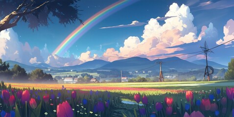 Fototapeta premium Rainbow with beautiful sky and land of fantasy in digital painting art illustration style,Rainbow with landscape 