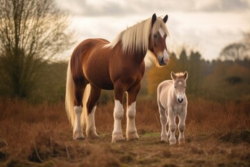 Obraz na płótnie Canvas a large horse next to a small pony in a field