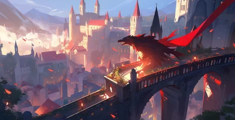 Fotobehang Fantasy castle with dragon in digital art painting illustration art style  © SaraY Studio 