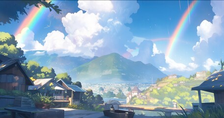 Naklejka premium Rainbow with beautiful sky and land of fantasy in digital painting art illustration style,Rainbow with landscape 