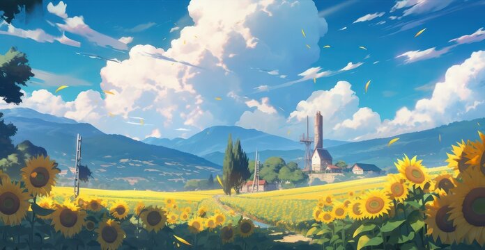 Illustration of sunflower,Sunflower field with beautiful sky in digital art painting illustration 
