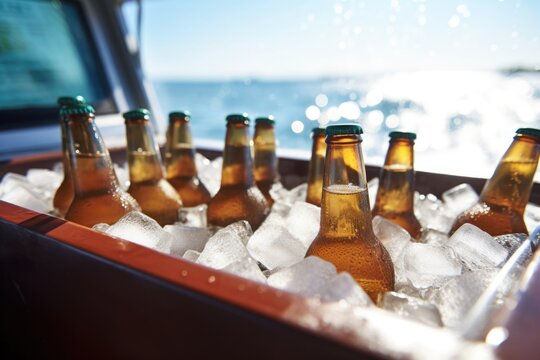bottles of beer in a cooler filled with icy water