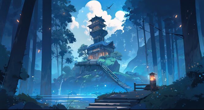 Waterfall in the forest illustration 