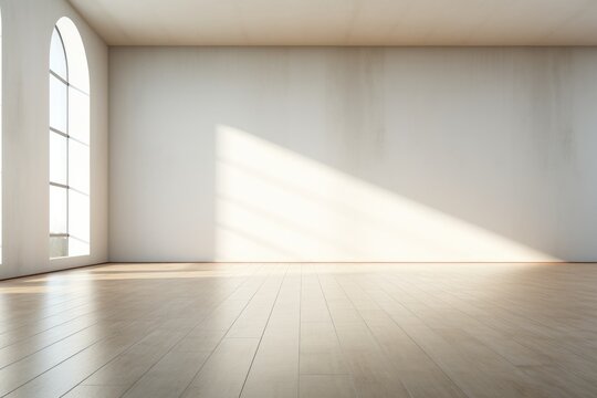 Empty white wall and smooth floor with interesting light glare Background. interior advertising. Generative AI.