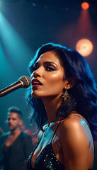 Fototapeta premium a soul singer on stage, singing for her audience into a microphone. generative ai