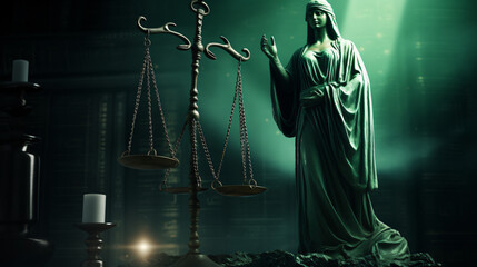 Saudi Arabia flag with statue of lady justice