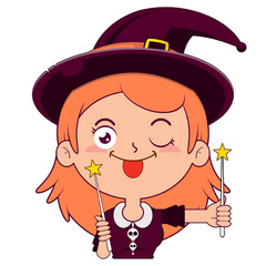 witch holding magic wand playful face cartoon cute