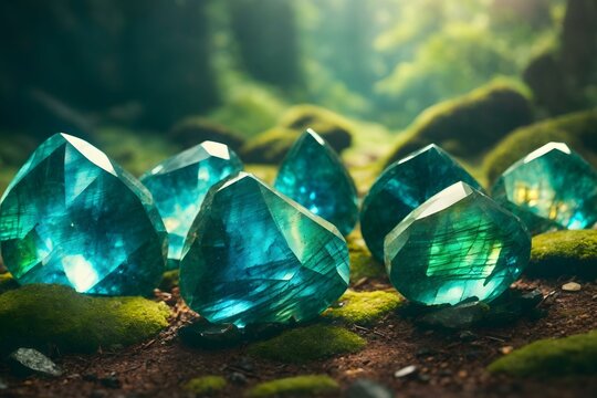 Group of Labradorite stones in the green forest. Healing stones.