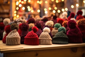 woolen christmas hats arranged on a stall - obrazy, fototapety, plakaty