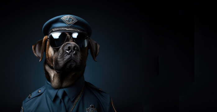 Sinister dark pit bull working as a security officer or police officer, wearing a police shirt, sunglasses and uniform. Guard dog concept. Wide banner copy space for text on the side.