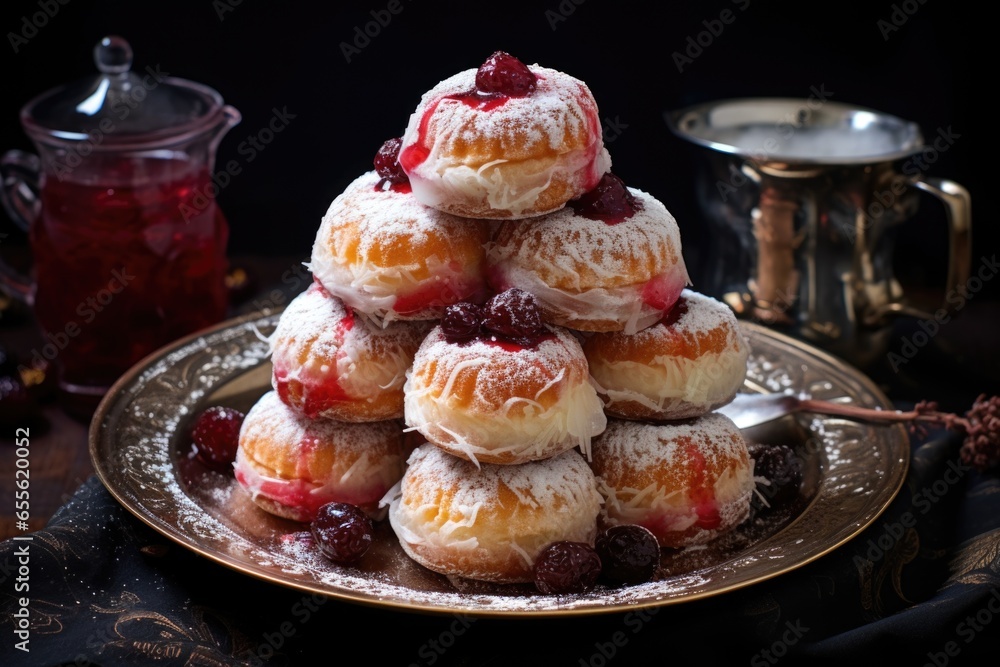 Sticker traditional jelly-filled doughnuts stacked on a tray