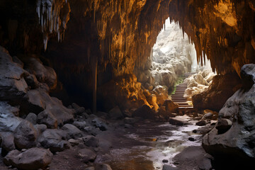 Fototapeta na wymiar Cave stunning stalactites and underground rivers