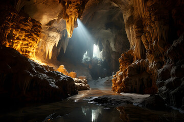 Cave stunning stalactites and underground rivers