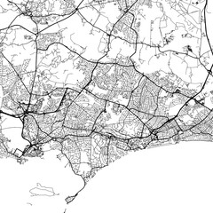 1:1 square aspect ratio vector road map of the city of  Bournemouth in the United Kingdom with black roads on a white background.