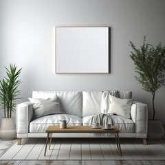 Blank picture frame mockup with luxury sofa on living room. Generative AI