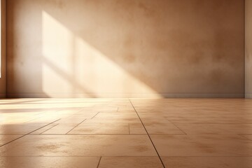 Empty beige and smooth floor with interesting light glare Background. interior advertising. Generative AI.