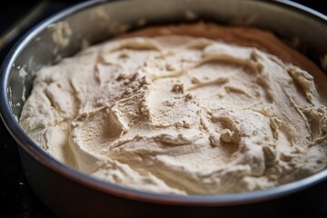 close-up of raw cake dough in a round tin
