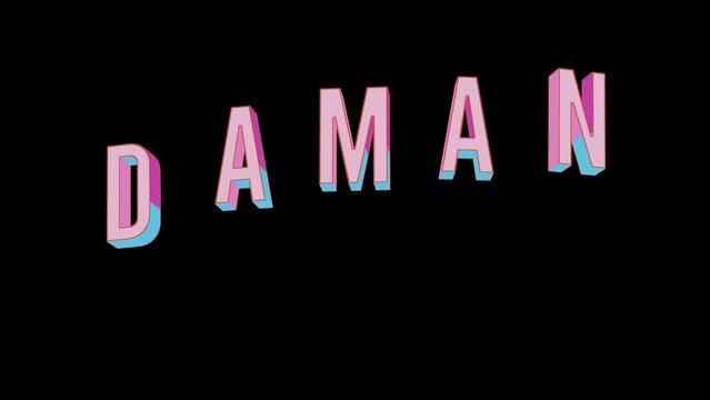 Bright letters jump merrily in the inscription DAMAN city. Retro. Alpha channel black. Looped from frame 120 to 240, Alpha BW at the end