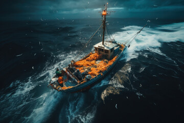 Fishery boat under storm attack - obrazy, fototapety, plakaty