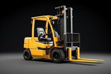 3D rendering of a forklift truck with yellow and black colors, shown in isolation against a transparent background. Generative AI