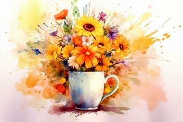 Floral cup with vibrant wildflowers. Festive and artistic. Beautiful postcard with a watercolor effect. Generative AI