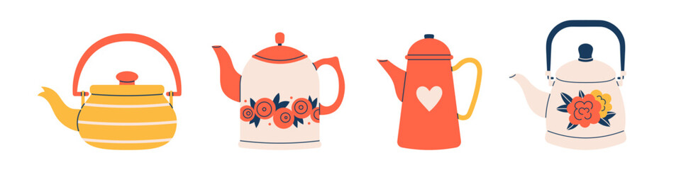 Vector cute tea kettles set. Vintage kitchen tableware collection. Ceramic or porcelain utensils illustration. Teapots and kettles isolated on white.