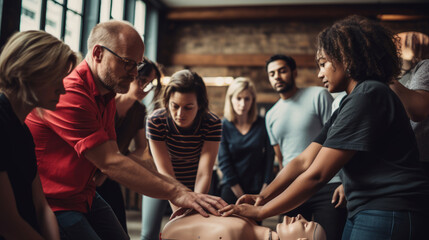 group of people participating in a first aid training lesson, practicing CPR on a dummy