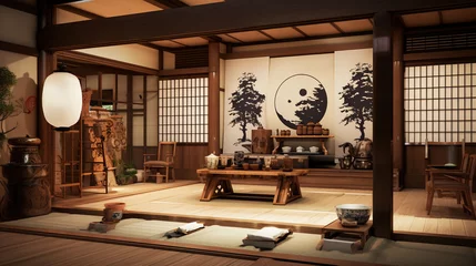 Gordijnen Traditional Japanese Reception Area with Decorative Noren Curtains © Magenta Dream
